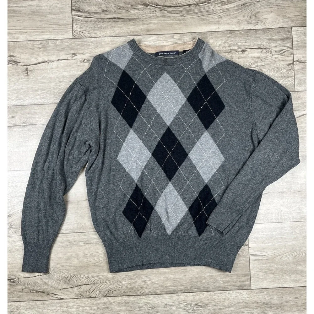 Vintage Northern Isles Sweater Men's Size XXL Gray Silk Cashmere Diamond‎ Argyle